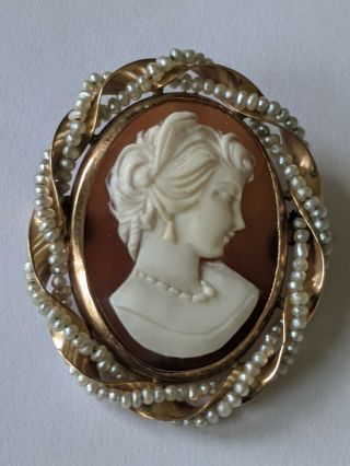 Antique 10k Solid Gold Seed Pearl Carved Shell Cameo Pin Brooch Pendant