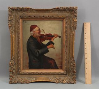 Small Antique German Genre Portrait Oil Painting,  Musician Man Playing Violin Nr