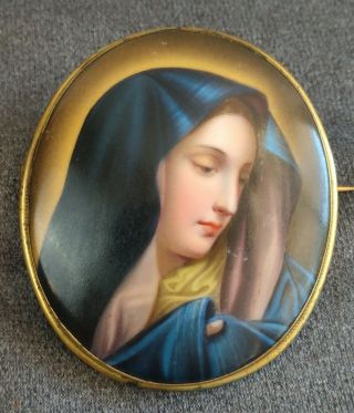 Large Antique Victorian Madonna Virgin Mary Porcelain Brooch Pin