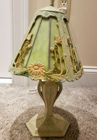 Antique 1920 ' s Green Slag Glass Art Deco Cast Metal Boudoir Table Lamp 2