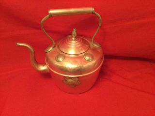 Antique Moroccan Large Copper Tea Kettle With Applied Brass Design