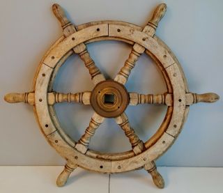 Antique Wooden Ships Helm Wheel Brass Center Boat Nautical Decor Well Worn 24 "