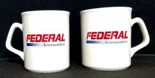 Federal Ammunition Ceramic (set Of 2) Cups Mugs White With Red & Blue Logo Nos