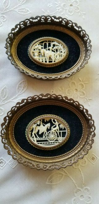 2 Small Oval Vintage Cameo Couples Silhouette Brass Framed Pics 3 - 1/2 X 4 - 1/4