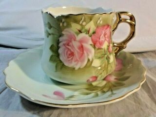 Vintage Lefton China Flat Cup & Saucer Heritage Green With Pink Roses
