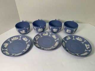 3 Antique Wedgwood England Blue Jasperware Tea Cups & Saucers And 1 Cup