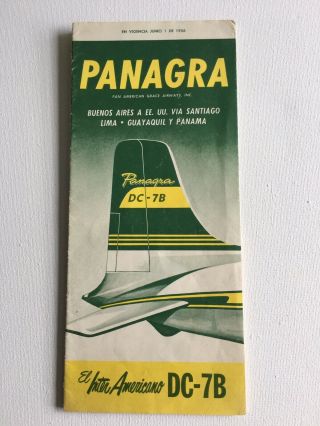 1956 Panagra Timetable Dc - 7b Buenos Aires Lima Guayaquil Panama
