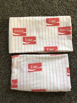 Vintage Coke Coca Cola Twin Bed Sheet Set Fitted And Flat Red Stripe Bibb Co Usa