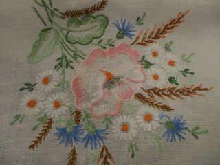 Vintage Hand Embroidered Pink Floral Linen Table Runner,  Dresser Scarf