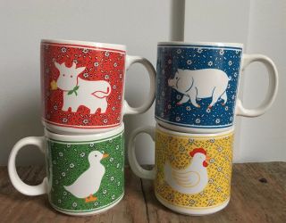 Vintage Set Of 4 Retro Farm Animal Mugs Cow Pig Hen Duck Coffee Cups