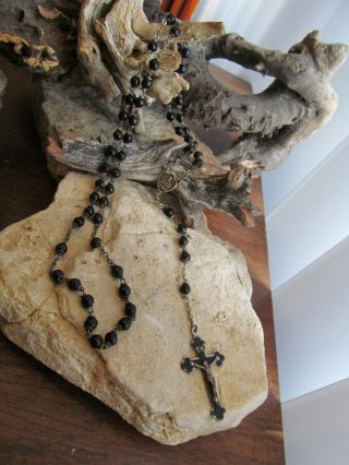 Vintage Silver Tone Black Glass Or Onyx Beads Linked Cross Crucifix Rosary