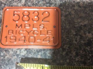 Vintage MPLS Minnesota Bicycle License Plate Tag 1940 - 1941 Metal 2
