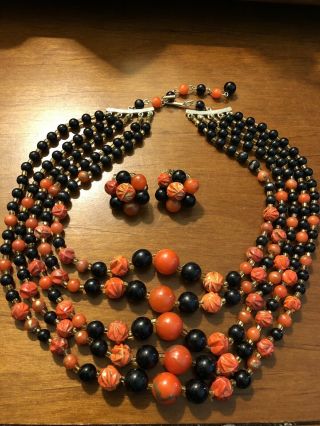 Vintage 4 Strand Black & Red Orange Rosette Bead Necklace Earrings Set