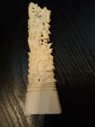 Vintage Indonesian Bovine Bone Carved Statue Woman And Dragon 6 1/4 " Chipped