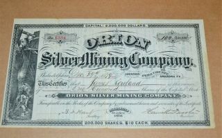 Orion Silver Mining Company 1879 Antique Stock Certificate