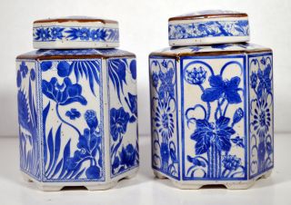 5 " Vintage Set 2 Hand Painted Japanese Asian Porcelain Lidded Jars Urns Fish