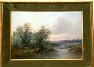 19th Cent.  English School A Family On The River Antique Oil Painting