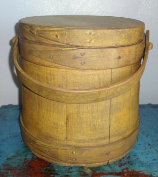 9 3/4 " Antique Firkin/sugar Bucket/wooden Mustard Paint - Primitive Spice - Shaker