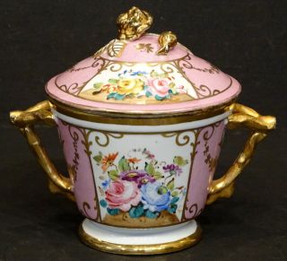 Stunning Antique Old Paris Porcelain Hand Painted Gold Rose Floral Pot & Lid