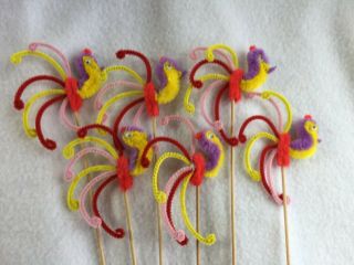 6 Chenille Bird Picks Colorful Pipe Cleaner Pick Appetizer 26620 Vintage