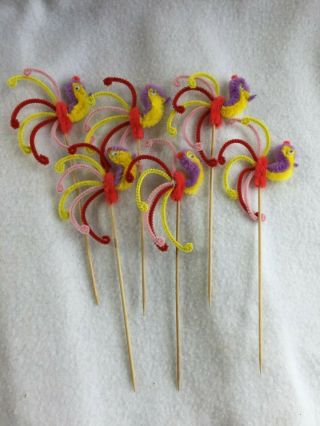 6 Chenille Bird Picks Colorful Pipe Cleaner Pick Appetizer 26620 Vintage 2