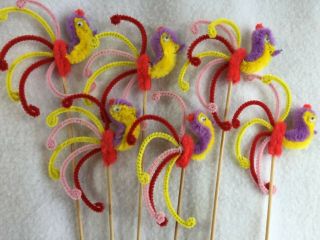 6 Chenille Bird Picks Colorful Pipe Cleaner Pick Appetizer 26620 Vintage 3
