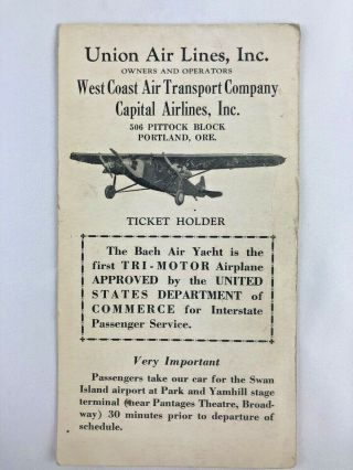 West Coast Air Transport W.  C.  A.  T.  1928 Bach Air Yacht Ticket Holder Vtg Rare