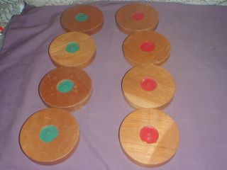 Vtg.  Sportcraft Indoor Shuffleboard Wood Pucks,  8 Pucks 4 " Dia.  Red & Green