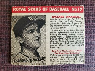 Vintage 1950 Royal Stars Of Baseball 17 Willard Marshall Boston Braves