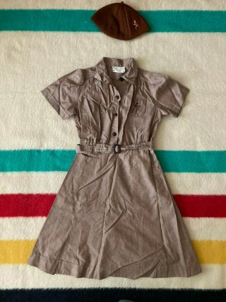 Vintage 50s 60s Girl Scouts Uniform Dress Brownie With Hat