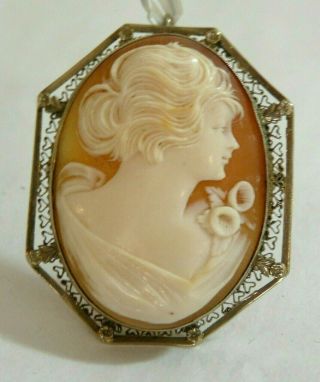 Antique 14k Gold Hand Carved Shell Cameo Brooch Pin / Pendant 10.  7 Grams