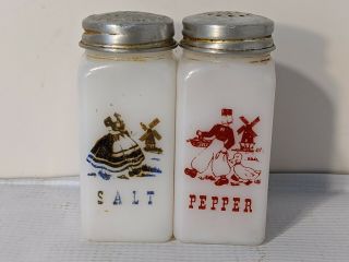 Vintage Milk Glass Dutch Boy Salt Pepper Shakers Aluminum Cap