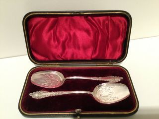 Cased Set 2 Solid Sterling Silver Jam Or Preserve Spoons Scoops Sheffield 1898