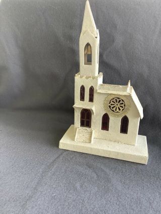 Vintage Christmas Cardboard Village Church Stained Glass Metal Bell Putz