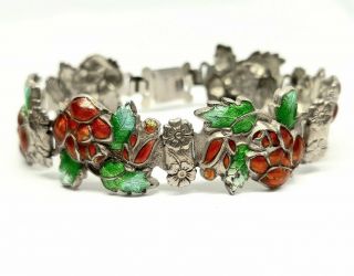 Antique Arts And Crafts Silver Enamel Flower Panel Bracelet