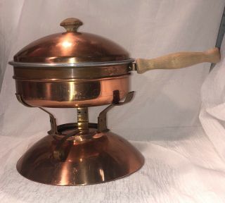 Vintage Mid - Century Copper Brass Wood Handle Large Fondue Pot