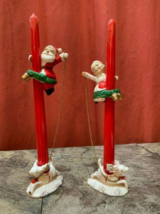 2 Vtg Dan Brechner Japan Christmas Reindeer Candleholders With Mr.  & Mrs.  Claus