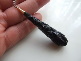 Antique Victorian Carved Long Whitby Jet Pendant & Silver Chain