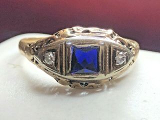 Antique Estate 14k Gold White & Blue Sapphire Ring Victorian Art Deco Wedding