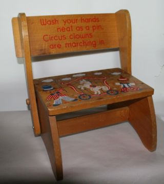 Vintage Childs Wooden Step Stool Circus Clowns Are Marching In (c) Irmi 1966
