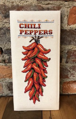 Vintage Completed Red Chili Peppers Counted Cross Stitch 6 " X13 " Finished Mounted