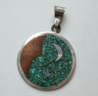 Vtg Taxco Mexican Sterling Silver Turquoise Man In The Moon Necklace Pendant