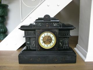 Large Antique French Slate & Marble Mantel Clock - Thieble,  C.  1870