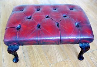 Large Old Vintage Deep Button Red Leather Chesterfield Footstool Queen Anne Legs