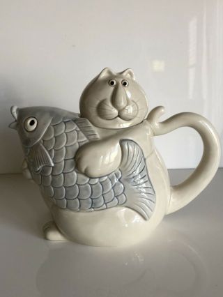 Vintage 1987 Fitz & Floyd Pitcher Cat/fish Ff 1.  5 Qt Ceramic Teapot Blue White