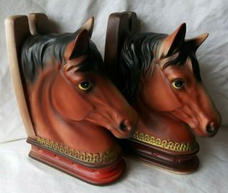 Vintage 1950s Norleans Horse Head Horseshoe Ceramic Bookends (made In Japan)
