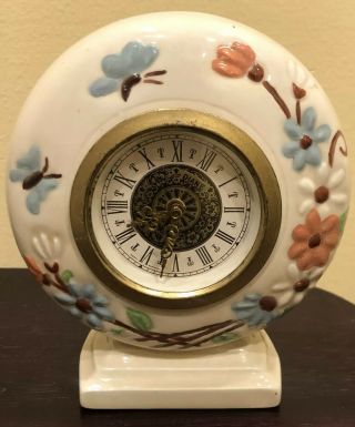 Vintage Ceramic Mantle Wind Up Clock Beige Floral Hand Painted Made In Germany