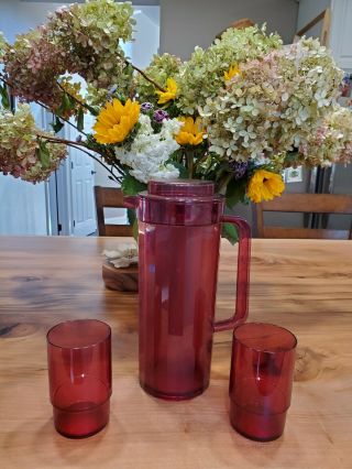 Vintage Tupperware Sheerly Elegant Cranberry Red Pitcher And 2 Stackable Cups