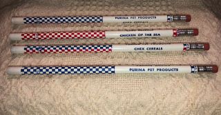 4 Vintage Purina Pencils Blue & Red Check Pencil Chex & Chicken Of The Sea Nos