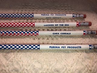 4 Vintage Purina Pencils Blue & Red Check Pencil Chex & Chicken Of The Sea NOS 2